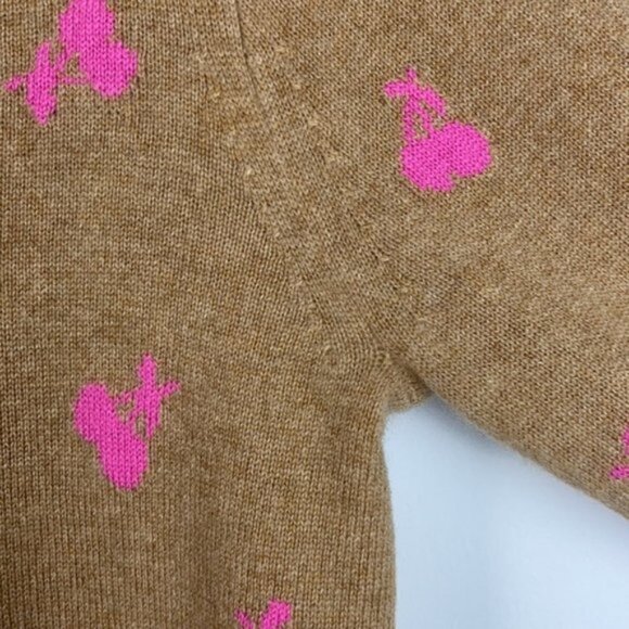 J.Crew S Cashmere Sweater Tan & Pink Cherries Intarsia Neon - Picture 9 of 13